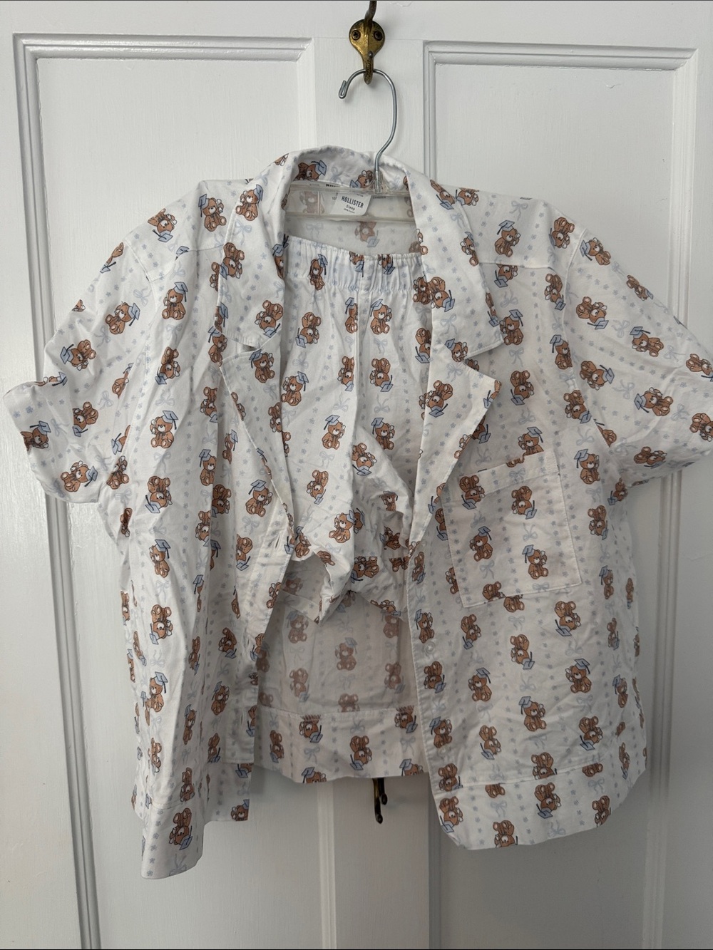 Hollister White Button-Down Shirt and Shorts with Brown Bear Print